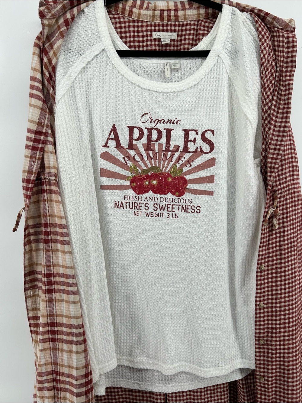 Cato Red & Cream Plaid Long Cotton Vest with Apples Top Women's Size 22/24 - Picture 5 of 11